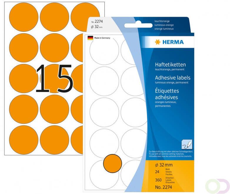 Herma Multipurpose-etiketten Ã 32 mm rond fluor oranje permanent hechtend om met d